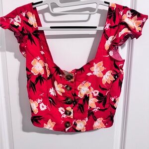 Forever 21 Red Floral Button-Up Crop Top